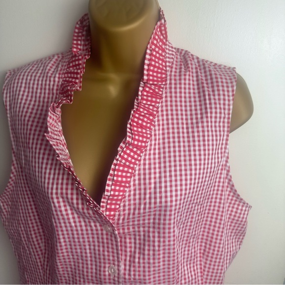 Tyler Boe Red White Gingham Cotton Button Down Ruffle Neck Sleeveless Top NWT 10 - Picture 9 of 16
